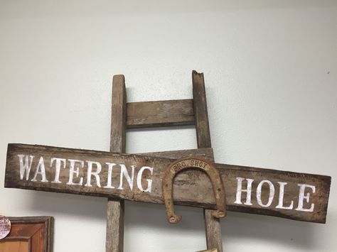 Watering Hole painted Pallet Sign The Watering Hole Sign, Farm Vbs Decorations, Watering Hole Sign, Farm Vbs, Painted Pallet Signs, Ranch Style Decor, Ranch Party, Pallet Wedding Signs, Painted Pallet