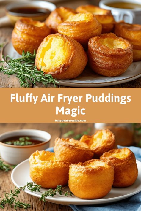 Plate of golden, fluffy Yorkshire puddings cooked in an air fryer, garnished with fresh herbs and served with a dish of gravy. Air Fry Yorkshire Pudding, Yorkshire Pudding Air Fryer, Airfryer Yorkshire Pudding, Air Fryer Yorkshire Pudding, Easy Airfryer, Innovative Recipes, Yorkshire Pudding Recipe, Yorkshire Pudding Recipes, Easy Zucchini Recipes