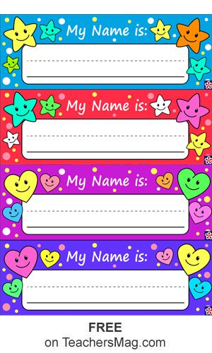 These free printable name tags are great for using with your preschool students! They are colorful and feature hearts or stars that are sure to delight all of your kids. Subject Tags Printable Aesthetic, Name Tag For Kindergarten, Name Tag Design Ideas Student, Colorful Name Tags Free Printable, Name Tag Editable Free Printable, Lable Designing For School, Name Tag Kindergarten, Classroom Name Tags Desks Free Printable, Kindergarten Name Tags Printable