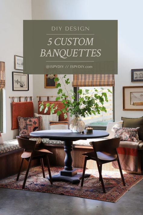 DIY DESIGN | 5 Times We've Built a Banquette - I SPY DIY Built In Banquette Seating Dining Room, Diy Nook Table, Breakfast Room Banquette, Built In Eating Nook Bench Seat, Vintage Banquette Seating, Corner Dining Banquette, Garage Dining Room, Diy Corner Nook, Banquette In Front Of Window