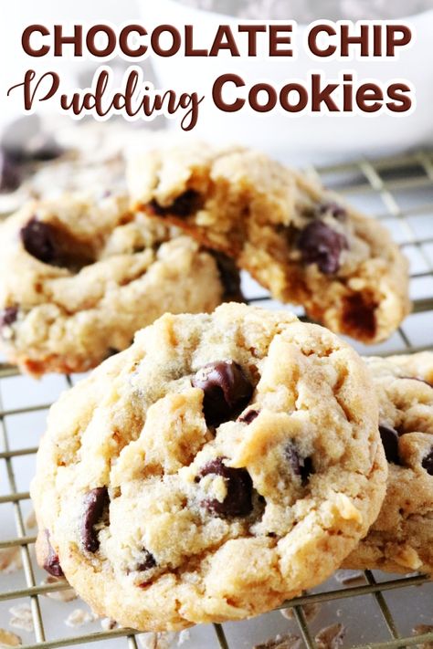 Vanilla Pudding Cookies with Chocolate Chips and Oats are the softest, chewiest cookies ever! #puddingcookies #chocolatechipcookies #cookies #vanillapudding #chocolatechipoatmealcookies #bestcookierecipes #cookierecipes Chocolate Chip Cookies With Pudding, Best Bar Recipes, Cookies With Pudding, Potluck Main Dishes, Vanilla Pudding Cookies, Best Football Food, Brownies With Chocolate Chips, Peanut Butter Oatmeal Chocolate Chip Cookies, Peanut Butter Oatmeal Chocolate Chip