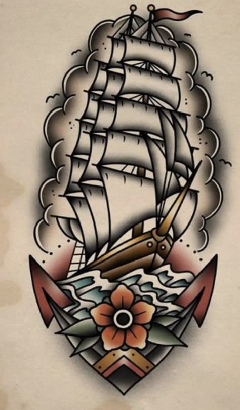 Traditional Nautical Tattoo, Neo Traditional Tattoo Design, Traditional Ship Tattoo, Traditional Tattoo Drawings, Boat Tattoo, Traditional Tattoo Old School, Traditional Tattoo Inspiration, Vintage Tattoo Design, Pirate Tattoo