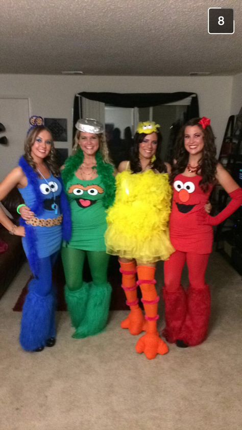 Elmo Halloween Costume Group, Seaseme Street Costume, Sesame Street Costumes Group, Big Bird Sesame Street Costume, Elmo Halloween Costume Women, Sesame Street Characters Costumes, Sesame Street Costume Ideas, Sesame Street Outfit Woman, Sesame Street Diy Costumes