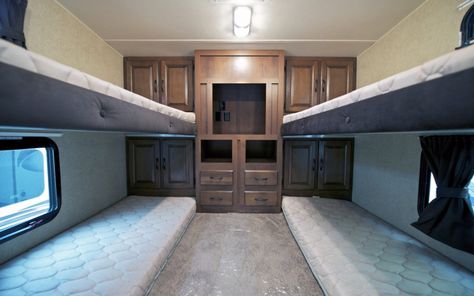 How to Get Amazing Sleep with an RV Mattress Rv Bunk Beds, Travel Trailer Interior, Bunkhouse Travel Trailer, 4 Bunk Beds, Rv Mattress, Rv Furniture, Rv Travel Trailers, Trailer Interior, Class C Rv