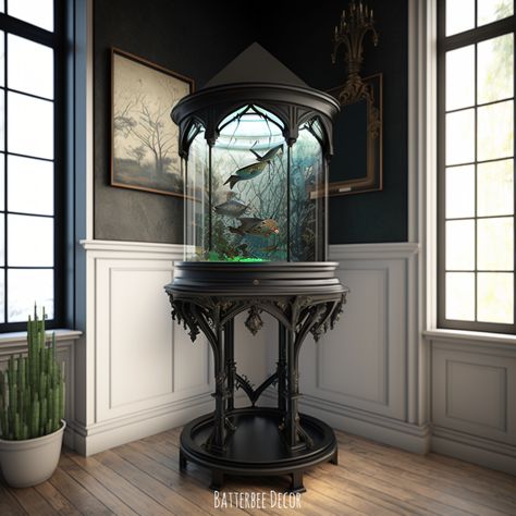 Gothic Fishtank on a pedestal base. Gothic Kitchen Table, Gothic Fish Tank, Goth Fish Tank, Gothic Aquarium, Industrial Gothic Interior, Gothic Cabinets, Modern Gothic House, Victorian Gothic Home Decor, Steampunk Bedroom