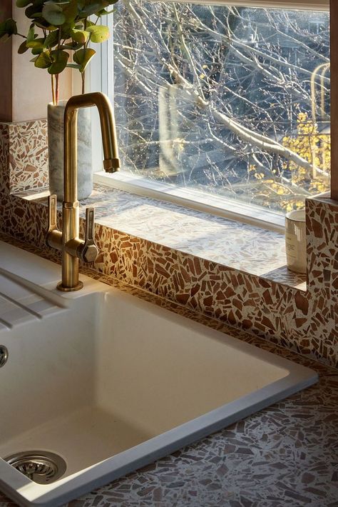 Winter light across the thoughtfully designed worktop return and window sill. Terrazzo Floor, Window Detail, Terrazzo Flooring, Mid Century Kitchen, Lounge Design, Winter Sun, Winter Light, Kitchen Diner, Kitchen Window