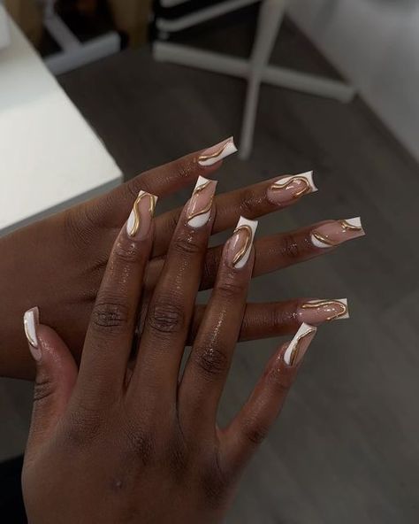 Thenailartiste LTD on Instagram: "Gold chrome and white😍" Ghana Nail Designs, Gold Nails Design Short, Square Acrylic Nails Gold, White And Gold Nails Simple, Gold And White Nail Designs, Dope Nail Designs Mid Length, Monthly Nails, Mom Nails, White Nails With Gold