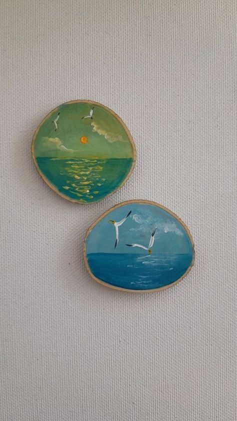 Hand-painted sea and seagull, Landscape magnet, Miniature painting, Wooden magnet, Home decor, Ocean, Fridge Magnet, Set of 2 Magnet Painting Ideas, Magnet Painting, Seashore Paintings, Sunset Paintings, Hand Painted Tree, Diy Magnets, Diy Jewelry Making Tutorials, Tree Slice, Mini Magnets