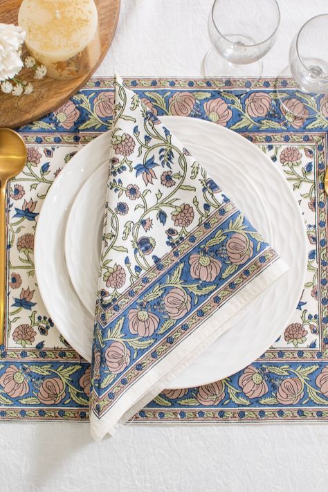 Midnight Blue Block Printed Cloth Table Napkins in Floral Pattern made on 100% Pure Cotton fabric. These table napkins have been painstakingly created by artisans honing the age old craft of hand block printing. We can customize our products in any color & size. Just message us with what you need and we will be happy to help. ---------- FEATURES ---------- ★ 100% Natural Cotton ★ Hand Block Printing ★ Breathable & Soft ★ Machine Washable with similar colors. Iron as required. ★ Select the set si Block Print Products, Mugal Prints, Chinese Flowers, Dining Table Kitchen, Vintage India, Islamic Art Pattern, Indian Block Print, Table Kitchen, Blue Block