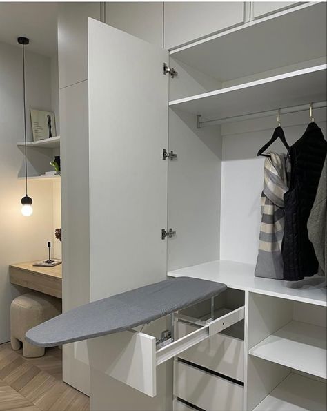 Iron Table In Wardrobe, First Apartment Tips, Home Study Rooms, Dream Laundry Room, Dream Closet Design, Kitchen Layout Plans, Bedroom Closet Design, Wardrobe Design Bedroom, Iron Table