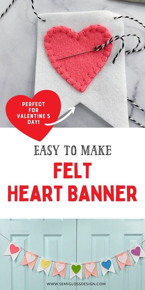 Create a festive DIY heart banner with felt. This fun craft is perfect for Valentine's Day or for a kid's room. Make it today! #valentinecraft #feltbanner Valentines Bunting Diy, Valentine’s Day Banner Diy, Valentine’s Day Felt Crafts, Valentines Day Decorations Kids, Valentine Banner Diy, Diy Valentines Banner, Diy Valentines Day Garland, Felt Valentines Day Crafts, Diy Valentine Garland