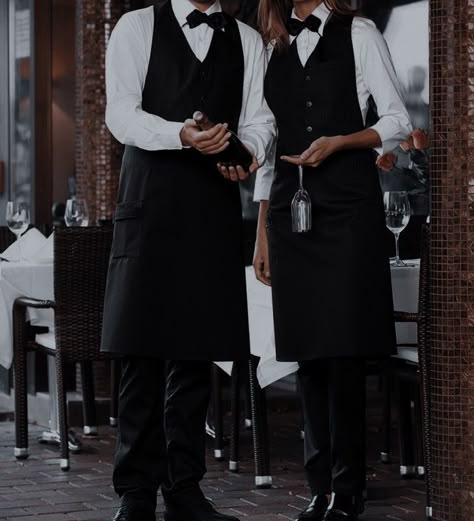 Fancy Waiter Uniform, Server Restaurant Aesthetic, Waiter Aesthetic Boy, Restaurant Waiter Aesthetic, Restaurant Hostess Aesthetic, Waiter Outfit Aesthetic, Fine Dining Uniform, Restaurant Waitress Aesthetic, Waiter Aesthetic