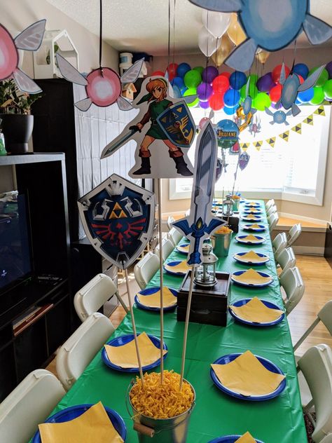 Legend of Zelda Birthday Party Zelda Birthday Decorations, Legend Of Zelda Birthday Party Decorations, The Legend Of Zelda Birthday Party, Breath Of The Wild Birthday Party, Zelda Birthday Party Games, Zelda Tears Of The Kingdom Birthday, Legend Of Zelda Party Ideas, Link Birthday Party Zelda, Zelda Party Decorations