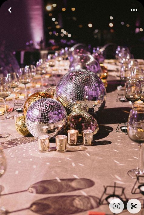 Birthday Party Display, Disco Balls Centerpieces, 70s Disco Table Decorations, Corporate Party Centerpieces, Music Themed 50th Birthday Party, Fundraising Gala Theme Ideas, Disco Balls Table Decor, 40th Birthday Disco Theme, Mirror Ball Centerpiece