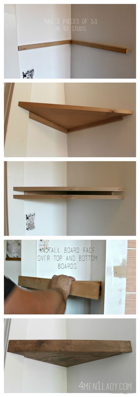 How to make corner floating shelves. 4men1lady.com: Corner Shelf Ideas, Diy Kitchens, Floating Corner Shelves, Regal Design, Wall Shelves Design, Floating Shelves Diy, Ikea Storage, Room Shelves, Living Room Shelves