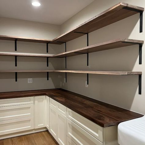 Rustic Floating Pantry and Kitchen Shelving - Stylish Storage Solution for your Culinary Space! #handmadebrackets #farmhousedecor #kitchenshelving #kitchenstorage #modernfarmhouseinterior #homeaccents # Walk In Pantry Ideas, Pantry Closet Design, Pantry Layout, Shelving Brackets, Kitchen Shelving, Minimalist Shelves, Pantry Remodel, Pantry Makeover, Pantry Shelving