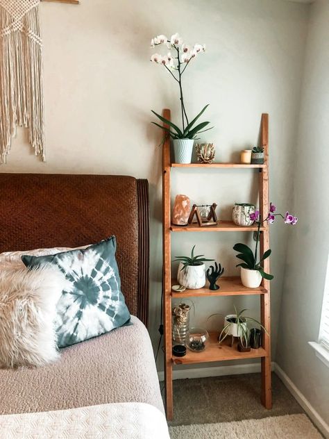 How to Balance a Bedroom with Only One Nightstand - Bark and Chase Ladder Shelf Nightstand, Ladder Shelf Bedside Table, Ladder Shelf By Bed, Ladder Shelf In Bedroom, Bedroom With Ladder Shelf, Plants Ladder Shelf, Ladder Book Shelf Ideas, Shelf Ladder Decor Living Room, Wooden Ladder Decor Living Room