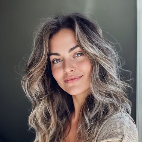 Highlights In Ash Brown Hair, Gray And Light Brown Hair, Premature Grey Hair Styles, Gray Blonde Brown Hair, Silver Brown Hair Color, Brown Hair With Ashy Babylights, Cool Tone Beige Hair, Gray And Silver Highlights On Brown Hair, Brown Hair To Silver