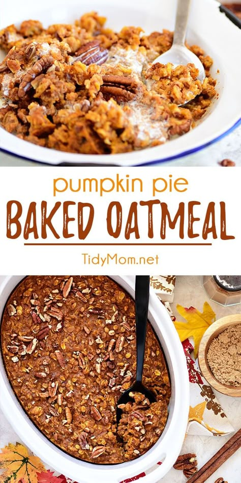 This Baked Pumpkin Pie Oatmeal has all the warm flavors of pumpkin pie in a quick and easy breakfast idea. Transform ordinary oatmeal into something special on cold mornings. Breakfast doesn't get much easier or more delicious. Print the full recipe at TidyMom.net #oatmeal #oatmealrecipes #bakedoatmeal #pumpkin #pumpkinspice #pumpkinpies #breakfast Baked Pumpkin Oatmeal, Pumpkin Pie Oatmeal, No Bake Pumpkin Pie, Baked Oatmeal Recipes, Pumpkin Oatmeal, Everything Pumpkin, Pumpkin Everything, Breakfast Idea, No Bake Pies