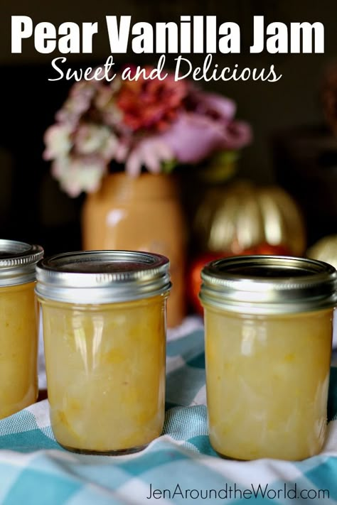 Homemade Jellies And Jams, Pear Vanilla Jam, Jam Recipes Homemade For Canning, Canning Pear Jam, Jelly And Jam Recipes Homemade, Can Pears Recipes, Fruit Jams Homemade, Pear Canning Ideas, Canning Jams And Jellies