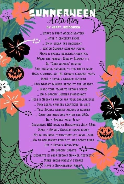 Summerween Movie List, Summerween Date Ideas, Summer Ween Decorations, Summerween Birthday Party Ideas, Summerween Sleepover Ideas, Summerween Playlist, Summer Ween Aesthetic, Summerween Background, Summerween Party Costume