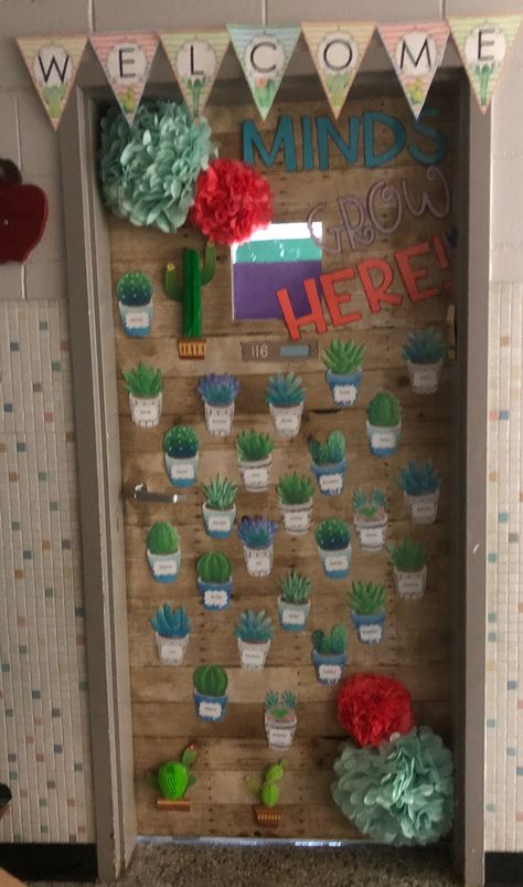 Succulents Plant Classroom Bulletin Board, Cactus Theme Classroom Door, Frida Kahlo Classroom Decor, When We Learn We Grow Classroom Theme, Grow Classroom Door, Succulents Classroom Decor, Plant Classroom Door Ideas, 2nd Grade Door Ideas, Classroom Decor Plant Theme