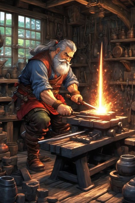 In the fiery heart of a fantasy realm, toil the fantasy blacksmiths. More than mere muscle, they're artisans of steel. They wield hammer and tongs like a maestro conducts, coaxing glowing metal into weapons of legend. From knightly broadswords to elven daggers, their creations sing with deadly grace. But their craft goes beyond war. They shoe the hooves of mighty steeds, mend the armor that protects heroes.  Each clang of their hammer is a song of creation. Gnome Blacksmith, Dnd Blacksmith, Fantasy Blacksmith, Dm Dnd, Paper Character, Dnd Portraits, Npc Art, Black Smith, Fantasy Realm