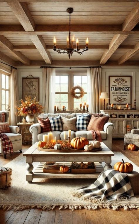 Fall Theme Living Room Decor, Living Room Two Windows, Farmhouse Fall Living Room, Farmhouse Fall Decor Living Room, Fall Farmhouse Decor Living Rooms, Fall Living Room Decor Autumn, Fall Couch Decor, Fall Family Room, Fall Apartment