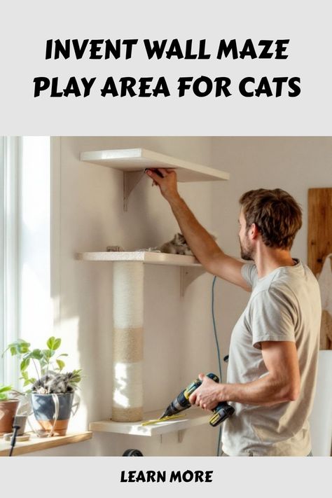 Man installing a wall-mounted play area for cats with shelves and scratching post. Wall Mount Cat Furniture, Cat Climbing Rope, Cat Jungle Gym Wall, Cat Climbing Wall Diy, Elevated Pathway, Cat Climbing Wall Shelves, Diy Cat Wall Ideas, Diy Cat Wall, Cat Jungle Gym