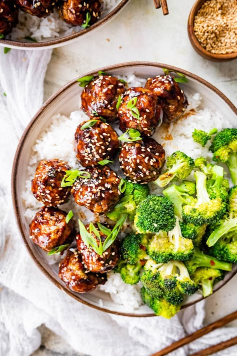 Teriyaki Meatballs Recipe, Asian Chicken Meatballs, Teriyaki Chicken Meatballs, Healthy Food Recipe, Healthy Meatballs, Baked Chicken Meatballs, Easy Teriyaki Chicken, Baked Food, Teriyaki Meatballs