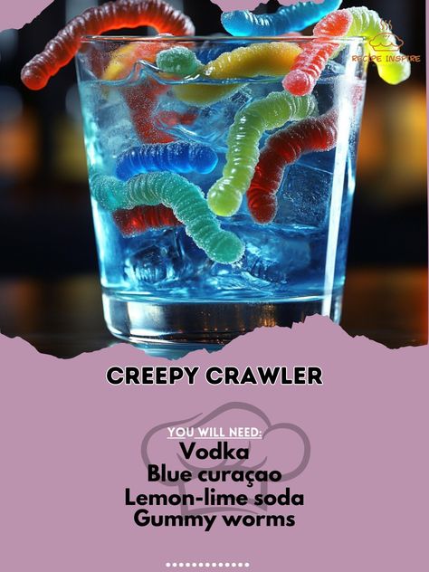 👻🍹 Dive into the spooky season with the Creepy Crawler! A fun and delicious cocktail that's sure to impress your friends! Creepy Crawler Ingredients: Vodka (1.5 oz) Blue curaçao (0.5 oz) Lemon-lime soda (4 oz) Gummy worms (for garnish) Ice (as needed) Instructions: Fill a glass with ice. Pour in vodka and blue curaçao. Top with lemon-lime soda and stir gently. Garnish with gummy worms. 🕷️💚 Enjoy the Creepy Crawler! This vibrant cocktail is perfect for Halloween parties. Its playful presen... Drinks With Gummies, Alcoholic Drinks Halloween, Fun Halloween Drinks, Mixology Recipes, Vodka Blue, Halloween Cocktail Party, Halloween Drinks Alcohol, Party Vibe, Yummy Alcoholic Drinks