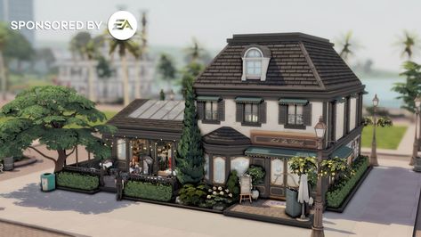 Thanks to the EA Creator Network for providing the codes for the #CozyBistroKit and #RivieraRetreatKit! 🤗 This can function as a restaurant, a bar, or as a lounge.  Build info:  Restaurant / Bar /... Sims 4 Coffee Shop Layout, Sims 4 Lounge Lot Ideas, Sims 4 Newcrest Restaurant, Sims 4 Windenburg Restaurant, Sims 4 Brindleton Bay Restaurant, Sims 4 Cc Restaurant Lots, Sims 4 Bistro, The Sims 4 Restaurant Ideas, Sims 4 Bar Ideas