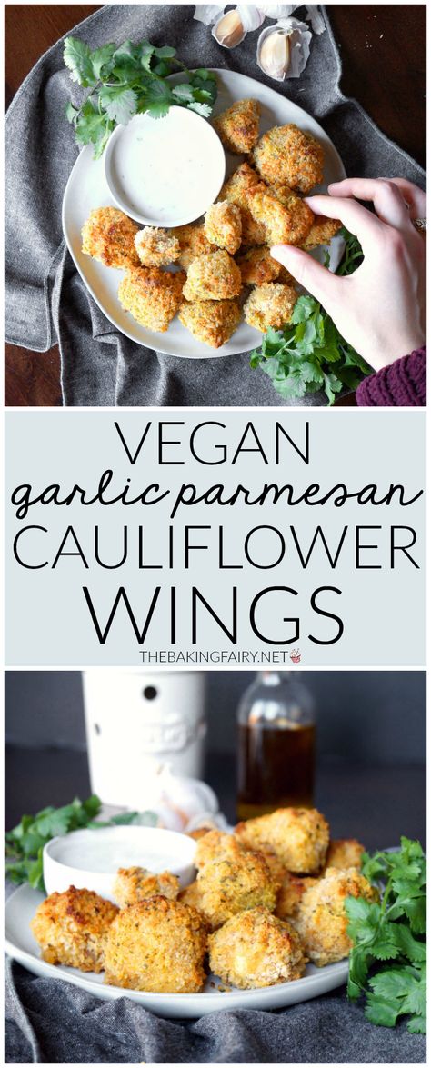 vegan garlic parmesan cauliflower wings - The Baking Fairy Garlic Parmesan Cauliflower Wings, Garlic Parmesan Cauliflower, Vegan Appetizers Recipes, Parmesan Cauliflower, Vegan Party Food, Cauliflower Wings, Vegan Party, Vegan Cauliflower, Wings Recipe