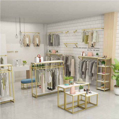 Clothing Shop Interior Design, Clothing Shop Interiors, Store Hangers, Clothing Display Rack, Gold Display, Fashion Store Design, Store Shelves Design, Retail Store Interior Design, Clothing Store Interior