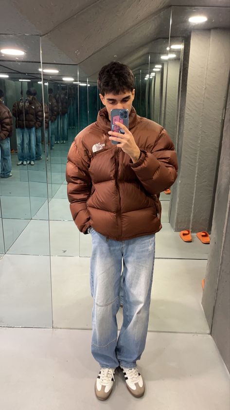 Tnf Puffer Jacket Outfit, The North Face Brown Puffer, Brown Puffer Jacket Outfit Men, Brown North Face Puffer Outfit, Tnf Nuptse Outfit, Brown Fleece Jacket Outfit, Green North Face Puffer, The North Face Outfit, Brown Puffer Jacket Outfit