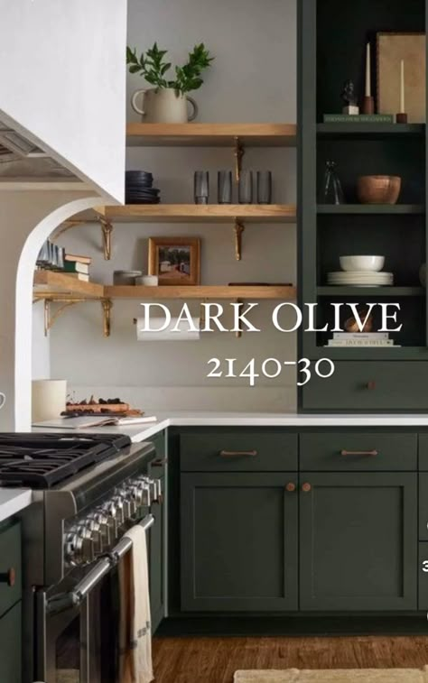 Paint color for butlers ? Dark Green Island, Dark Olive Paint, Tutor House, Olive Paint, Olive Kitchen, Kitchen Uk, Dark Green Kitchen, Green Kitchen Cabinets, Cabin Kitchens