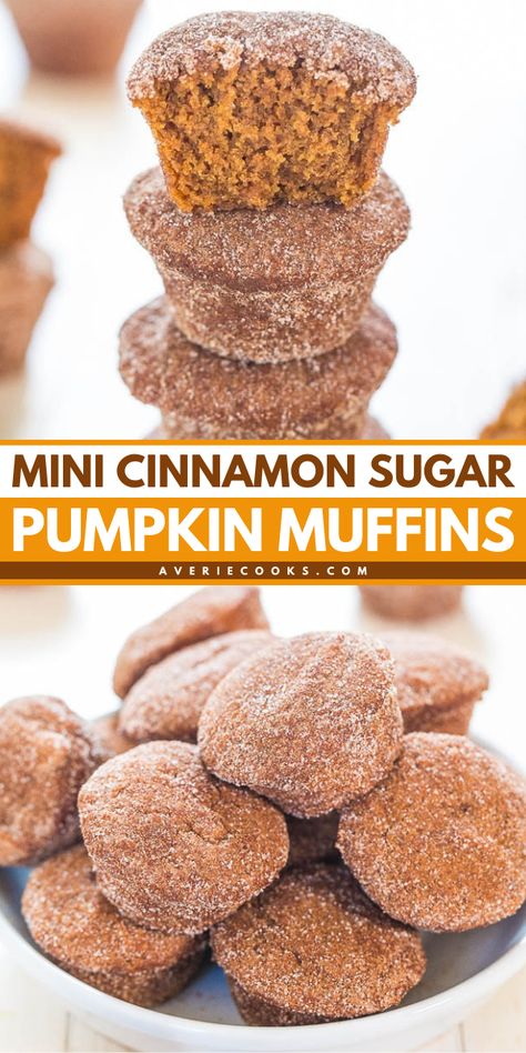 An easy fall recipe for your pumpkin food ideas! It's a fall breakfast food featuring mini pumpkin muffins. You won't be able to resist these Mini Cinnamon Sugar Pumpkin Muffins that are packed with flavor while being accidentally vegan! Mini Pumpkin Muffins, Accidentally Vegan, Pumpkin Muffin Recipes, Averie Cooks, Pumpkin Recipes Easy, Fall Baking Recipes, Pumpkin Recipe, Pumpkin Spice Syrup, Sugar Pumpkin