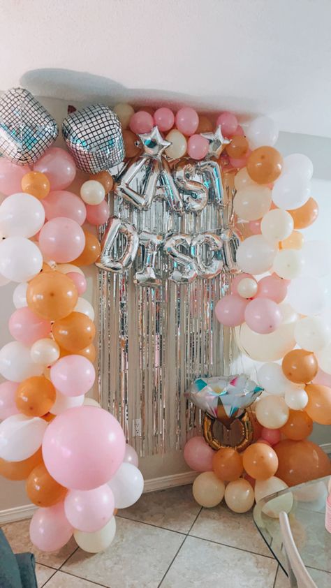 Pink And Orange Disco Bachelorette, Bachelorette Themes Disco, Groovy Disco Bachelorette Party Outfits, Bridal Shower Disco Theme, 70s Bach Party, Bachelorette Party Disco Theme, Her Last Disco Bachelorette, Groovy Balloon Arch, Groovy Disco Bachelorette Party