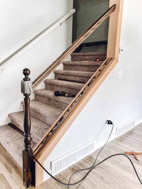 Stair Wall To Railing, Half Stair Railing, Stair Wall Railing, Half Wall Staircase Railings, Diy Stair Railing Cheap, Half Wall Staircase, Half Wall Ideas, Stairway Ideas, Stair Railing Makeover