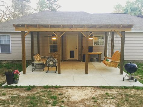 Back Porch Overhang, Adding Back Porch To House, Ranch Style Home Back Patio Ideas, Over Hang Porch Patio, Trailer Back Porch Ideas, Diy Back Porch Cover, Lean To Back Porch Patio, Covered Porch Attached To House, Back Porch Overhang Ideas