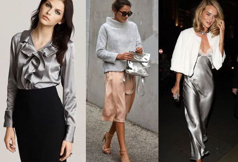 what colors go with Silver Silver Blouse Outfit, Silver Clothes, Silver Lace Dress, White Fur Jacket, Silver Maxi Dress, Silver Crop Top, Outfit Ideas 2024, Silver Blouse, Silver Skirt