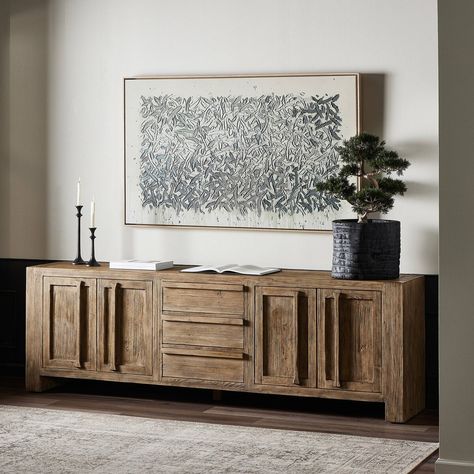 Briarbrook Sideboard Distressed Light Pine Four Hands Antique Tv Console, Long Sideboards Living Room, Tv Console Ideas Living Rooms, Room Asthetics, Sideboard Living Room, Large Waterfall, Goals 2023, Sideboard Styles, Sideboard Decor