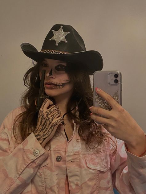 Aesthetic Halloween Costumes Cowgirl, Skull Cowgirl Makeup, Spooky Cowgirl Costume, Vampire Cowgirl Costume, Killer Cowgirl Costume, Ghost Cowboy Costume, Cowgirl Skeleton Costume, Cowboy Skeleton Costume, Zombie Cowgirl Makeup