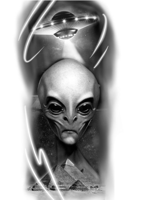 Egypt Alien Tattoo, Realistic Alien Tattoo, Alien Ufo Tattoo, Ufo Tattoo Design, Egyptian Alien, Alien Tattoo Design, Area 51 Tattoo, Alien Tattoo Ideas, Realistic Alien