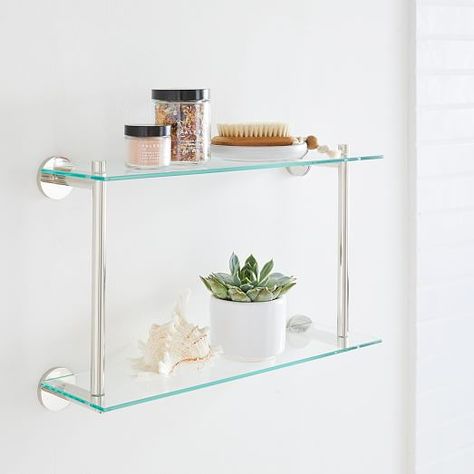 Modern Overhang, Glass Bathroom Shelves, Bath Shelf, Metal Wall Shelves, Stone Bath, Tempered Glass Shelves, Nickel Metal, Wood Floating Shelves, Double Glass