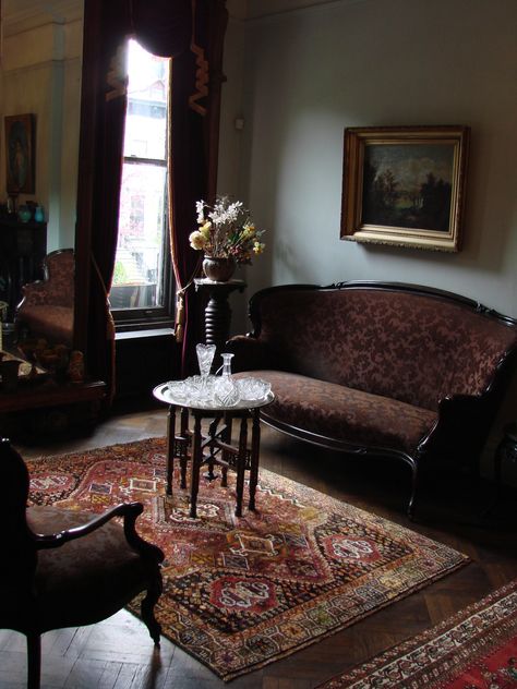 Old School House Decor, Dark Hardwood Floors Living Room, Dark Academia Room Ideas, Walburga Black, Victorian Carpet, Park Slope Brooklyn, Victorian Home Decor, Victorian Interiors, Victorian Aesthetic