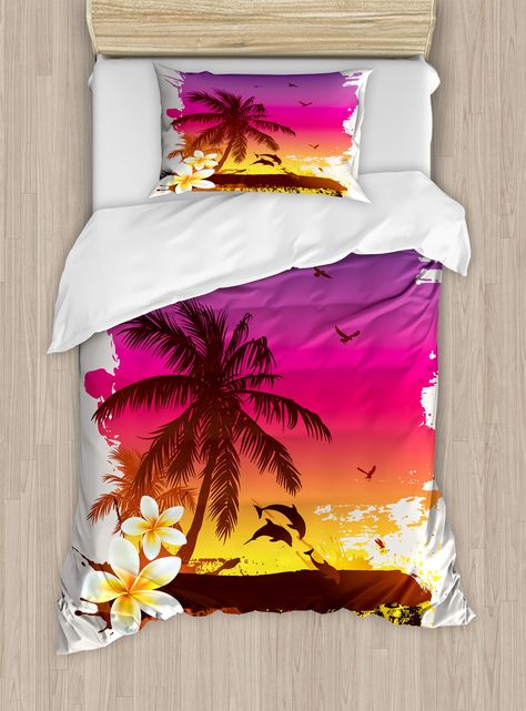 Ambesonne Luau Duvet Cover Set Twin Size Tropical Sunset in Retro Watercolor Style Palm Trees on the Beach Image Decorative 2 Piece Bedding Set with 1 Pillow Sham Brown Fuchsia Marigold *** For more information, visit image link.(It is Amazon affiliate link) #BeddingSetsCollection Palm Tree Bedding, Tropical Bedding Sets, Tropical Bedding, Retro Watercolor, Beachfront Decor, Queen Size Duvet Covers, Beach Bedding, Tropical Sunset, Beach Images