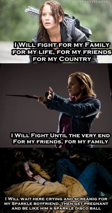 This is why I Like Hunger Games More then Twilight. (Harry Potters pretty awesome too) Twilight Harry Potter, Harry Potter Vs Twilight, Harry Potter Twilight, Twilight Jokes, Twilight Quotes, Hunger Games Memes, Hunger Games Quotes, Twilight Funny, Twilight Memes