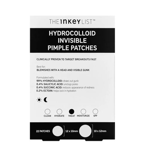 Perfect for last-minute breakouts, The INKEY List’s Hydrocolloid Pimple Patches are clinically proven to minimise the look of blemishes in just four hours*. The stickers are best suited to spots with a head, utilising powerful skincare ingredients to soothe their appearance. Quick and easy to use, the fastest pimple patches** combine hydrocolloid with salicylic and succinic acids to help purify the skin and visibly diminish redness, while ectoin provides a boost of hydration. Made with INVISIBLURTM Technology, the ultra-thin stickers are designed to remain imperceptible on the skin, layering seamlessly beneath makeup. *8 hour clinical study of 20 people. **Based on UK market data available for 10 top searched hydrocolloid patches, as of May 2024. Clear Pimple Patches, Hydrocolloid Patches, Congested Pores, How To Reduce Pimples, The Inkey List, Home Corner, Inkey List, Pimple Patch, Pimple Patches