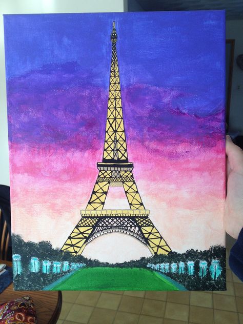 Canvas Painting of Eiffel Tower I painted for my roommate. Eiffel Tower Drawing, Tower Drawing, Eiffel Tower Painting, Eiffel Tower Art, Landmarks Art, Paintings Ideas, Paris Painting, Painting Birthday, Christmas Paintings On Canvas